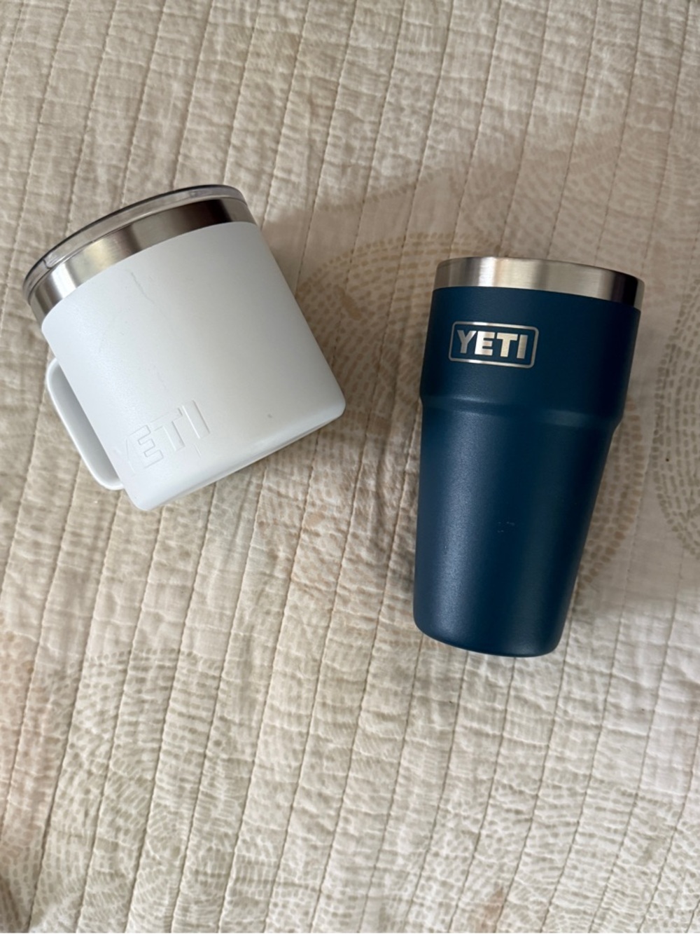 Yeti White Camp Mug and Navy Blue Rambler Tumbler Set